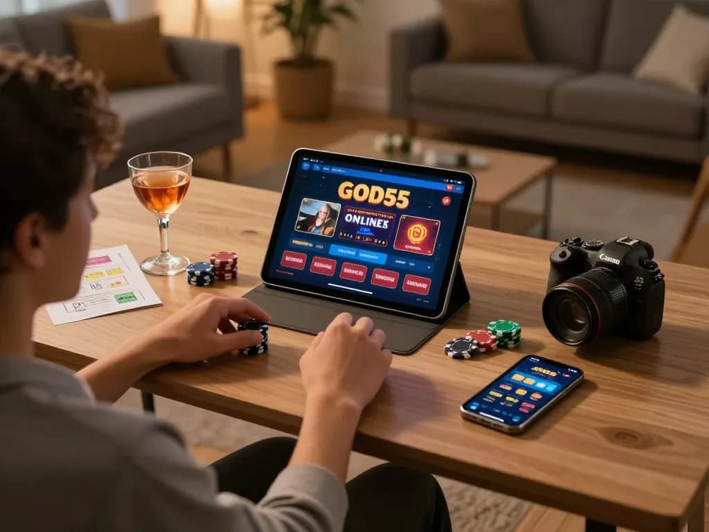 Engaging with God55 casino on a tablet during a cozy home gaming session with strategic notes.