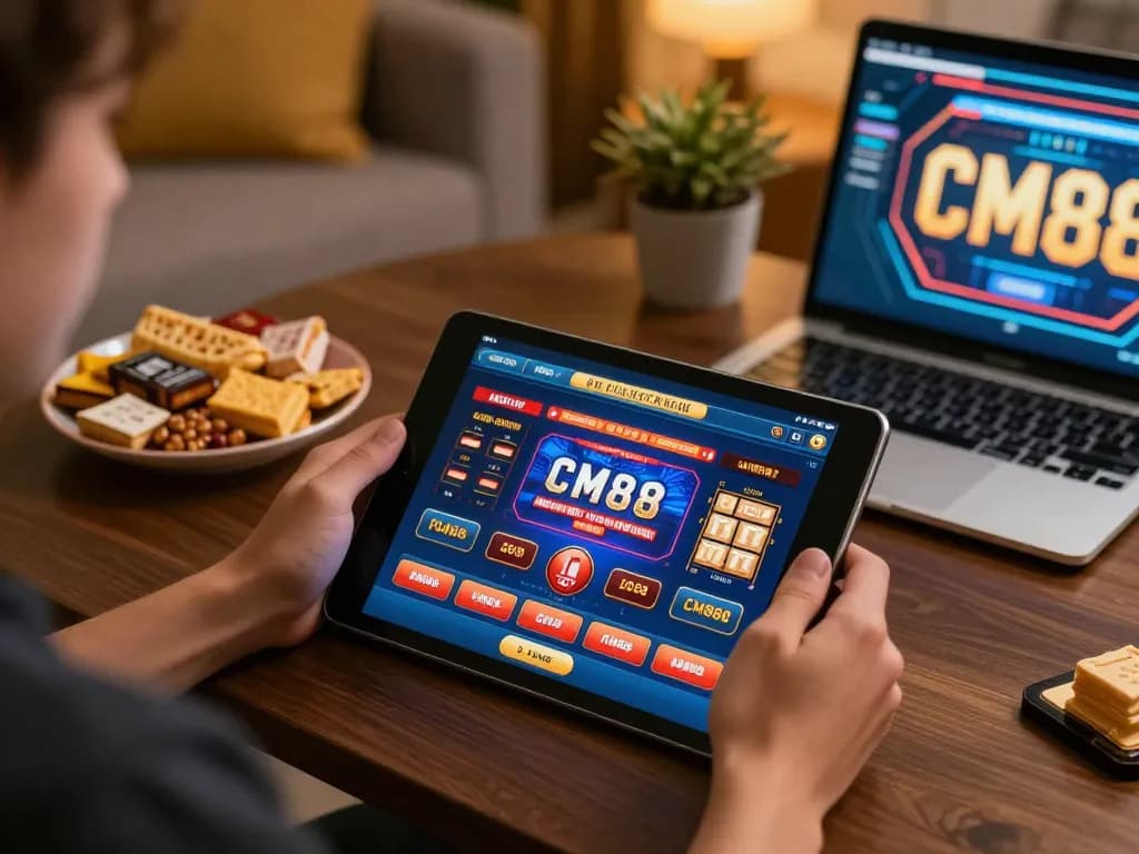 cm88 player enjoying online casino gaming at home with tablet and snacks