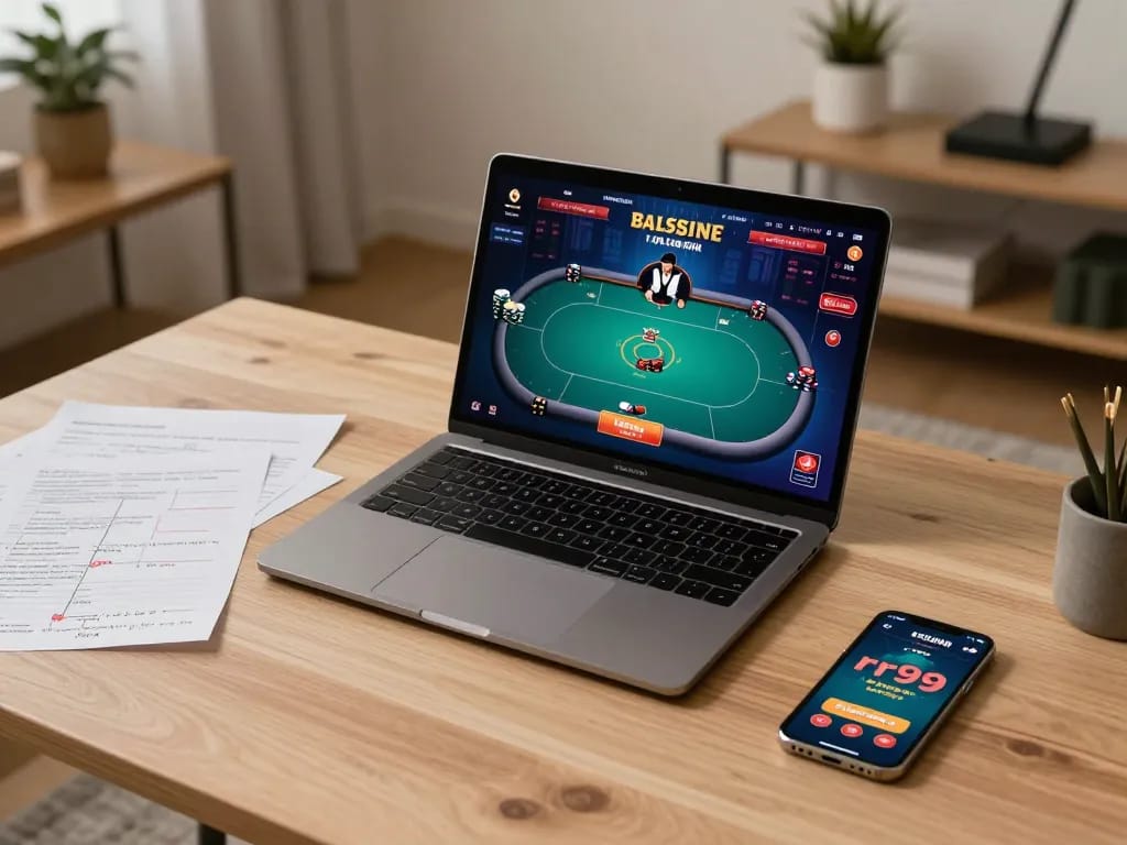 Player engaging with rr99 casino app while enjoying an online poker game, showcasing an active gaming scene.