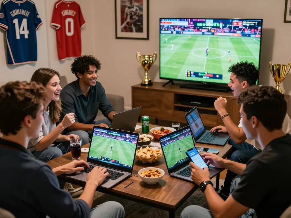 SBOBET sports betting group enjoying a match at home with laptops and snacks.