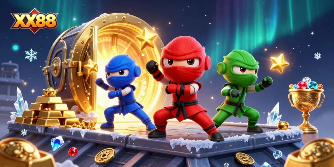 Engage in thrilling slots action at XX88 with chameleon ninjas amidst treasures and gems.