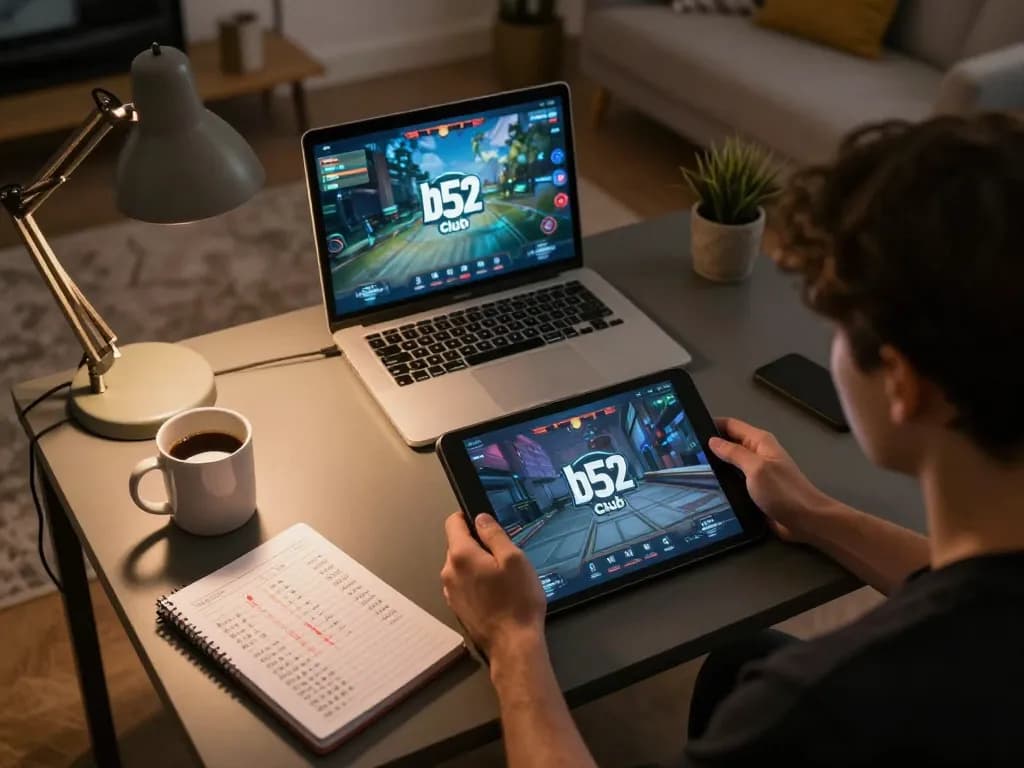 b52club player engaging with tablet in a cozy home gaming setup
