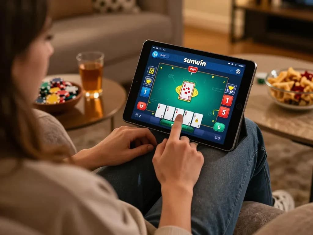 Engaged player using the sunwin app for an exciting poker game at home, showcasing comfortable atmosphere.