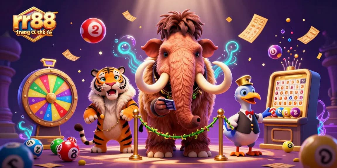 Experience the rr88 trang chủ chính thức with vibrant lottery and casino elements in a colorful scene.