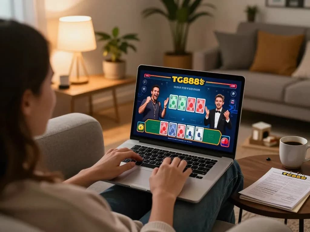 Engaging gaming moment with TG88 on laptop, celebrating a winning hand in a cozy atmosphere