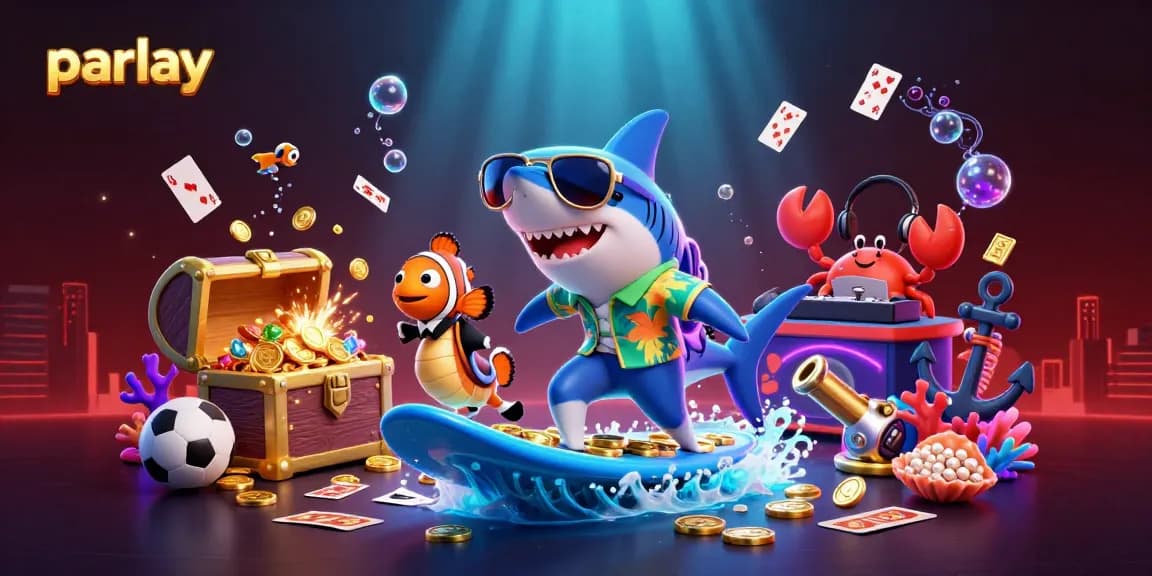Engage in thrilling parlay bets with a vibrant underwater illustration of a shark surfing gold coins.