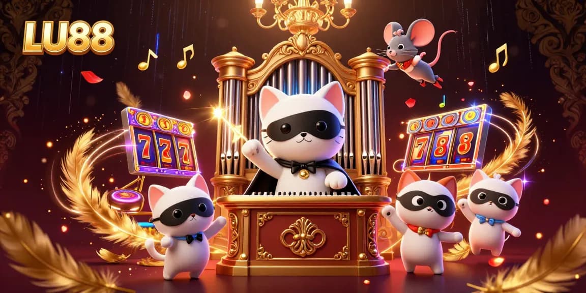 Engage with LU88's captivating slots through a vibrant 3D casino scene featuring a phantom cat and mouse acrobat.