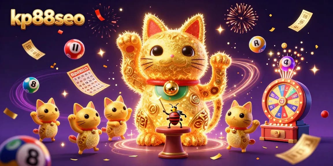 Experience the magic of kp88seo with colorful lottery balls and a giant lucky cat illustration.
