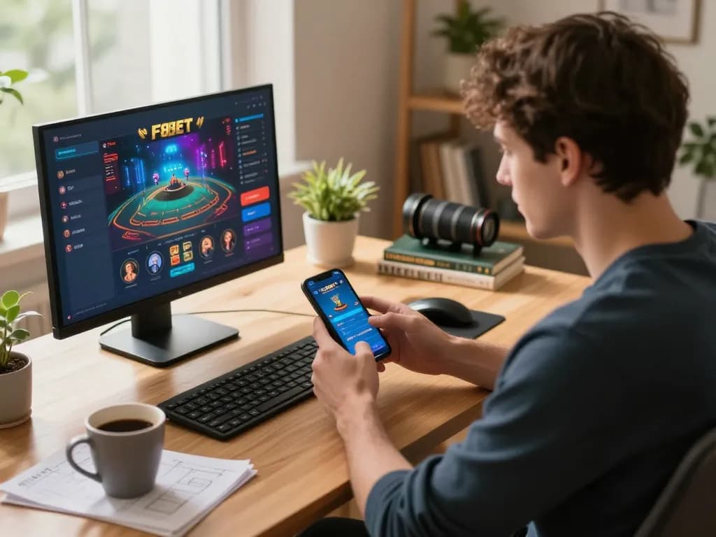 Player using the F8BET app on smartphone for online gambling in a cozy home setting