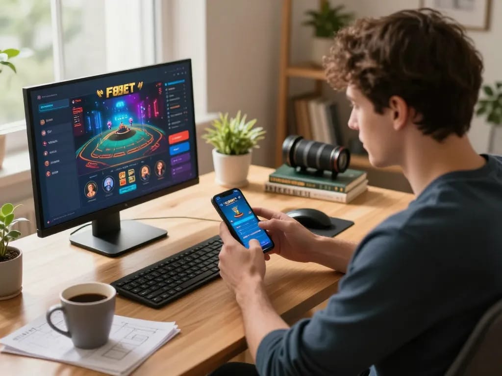 Player using the F8BET app on smartphone for online gambling in a cozy home setting
