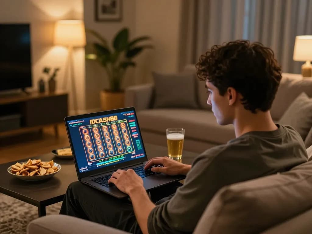 Engaging gameplay on IDCASH88 online slot interface in cozy home setting