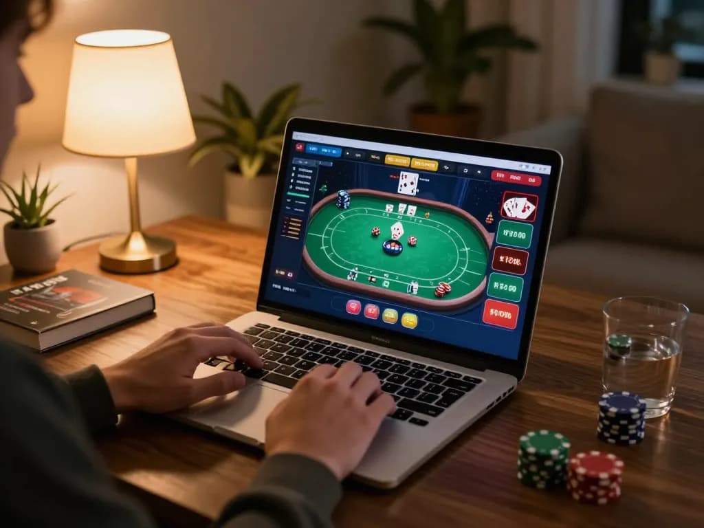 Player enjoying online poker at home with 88aa interface visible on the laptop screen