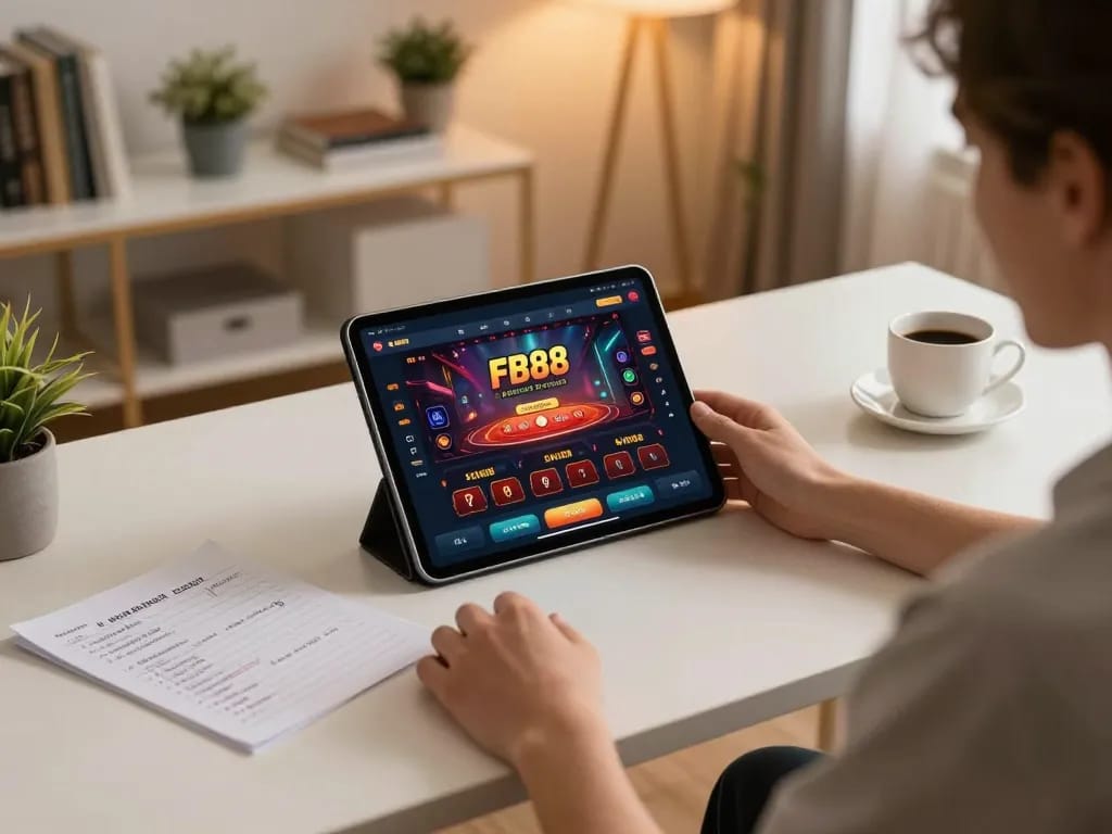 Player engaging with FB88 online casino on tablet, showcasing strategic notes and a cozy setup.