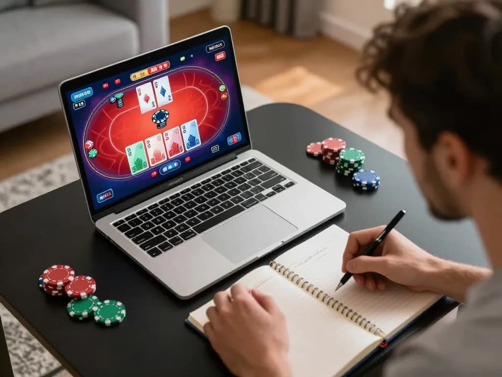Player strategizing in online poker game on laptop, showcasing engaging gameplay experience with 789club platform