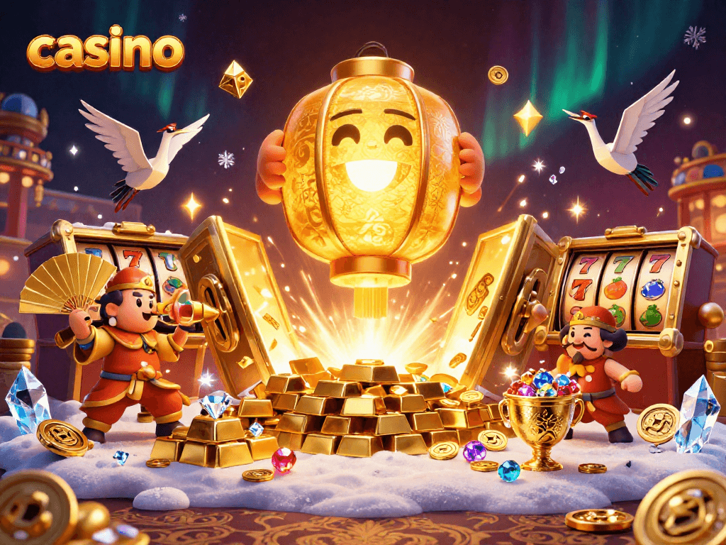 Experience a dynamic casino scene with golden lantern spirit and vibrant slot symbols bursting with excitement.
