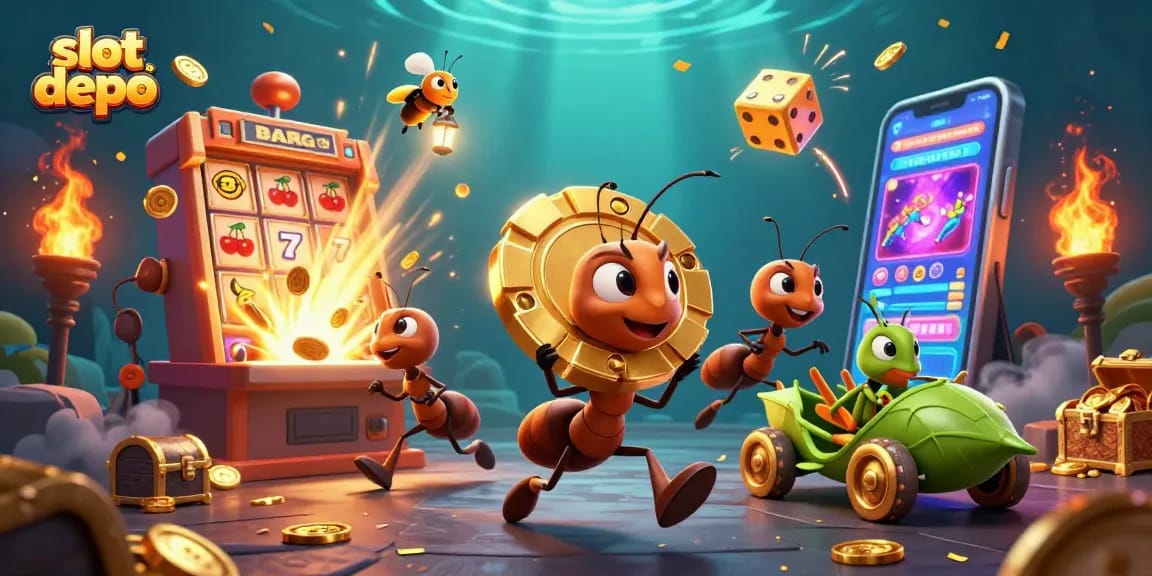 Permainan slot depo 5k dengan chip poker emas dan simbol slot berkilauan.