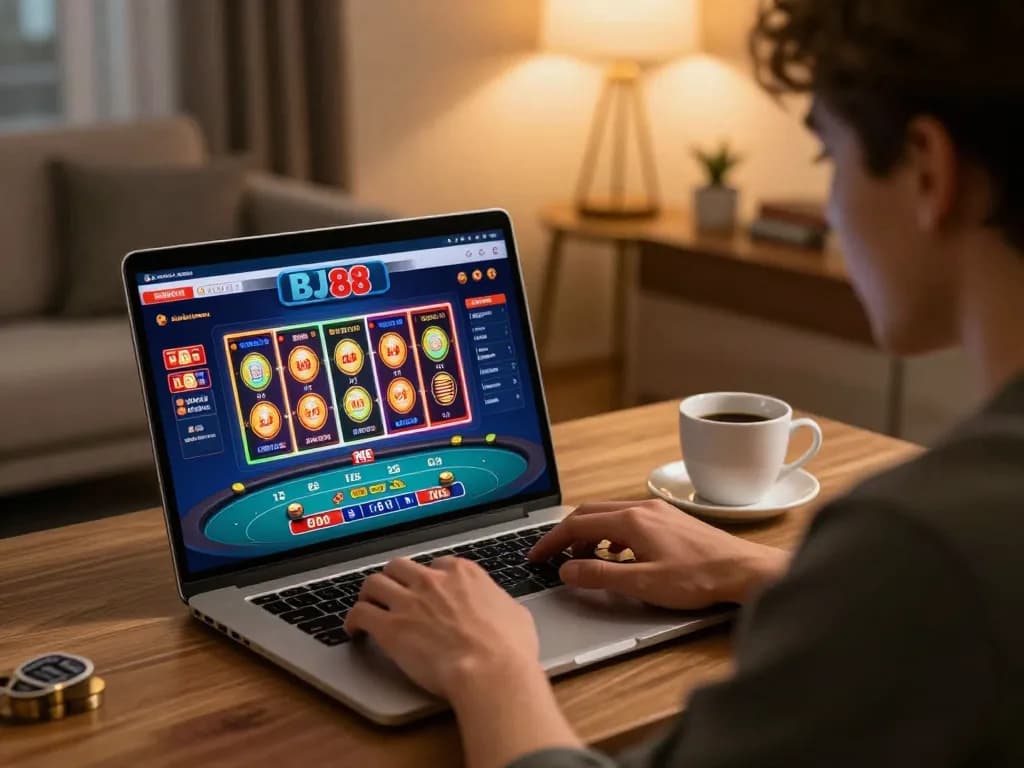 Engaged player strategizing with BJ88 online gaming interface on laptop at home.