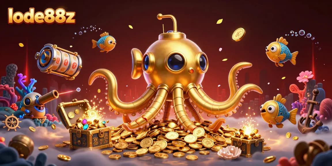 Experience the exciting lode88z journey with a kraken submarine amidst golden treasures.
