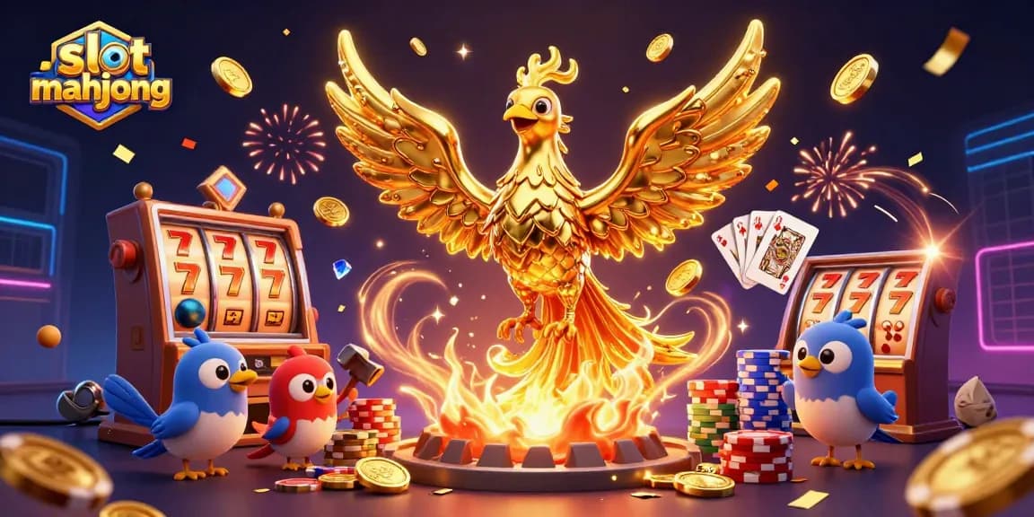 Play slot mahjong with golden phoenix, vibrant coins, and dynamic game elements.