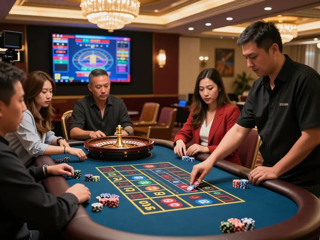 Playing roulette at Juraganbet88 with players immersed in a live dealer experience, vibrant casino atmosphere.