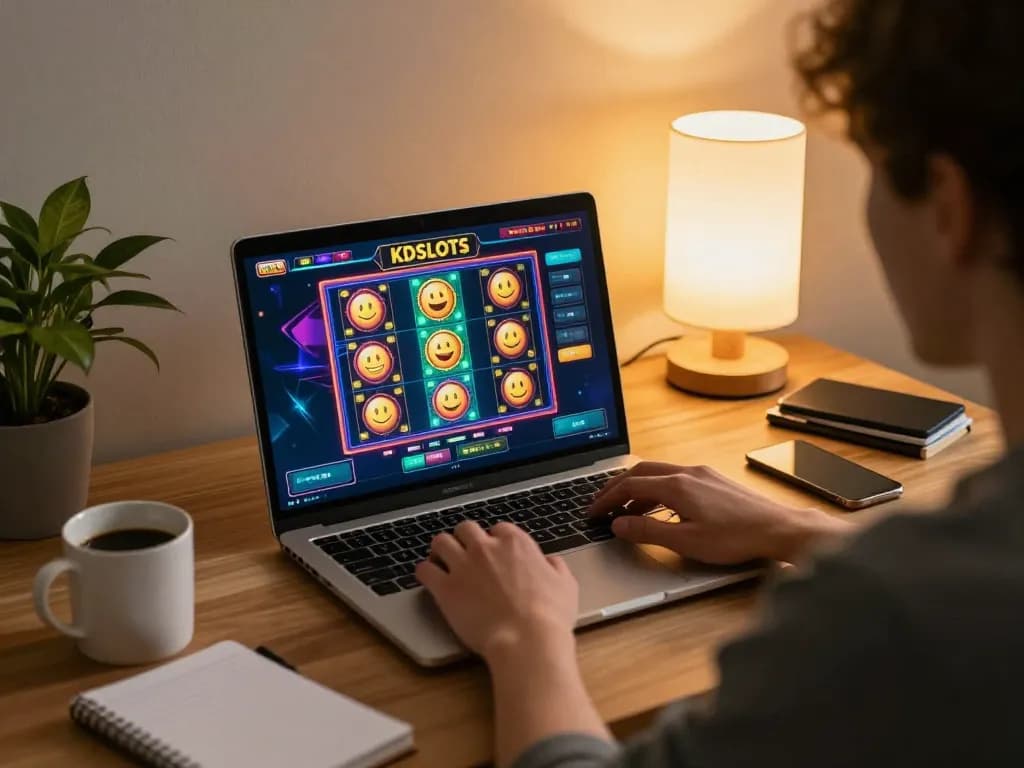 Player engaging with KDSLOTS on laptop, showcasing thrilling slot game interface in cozy home setting.