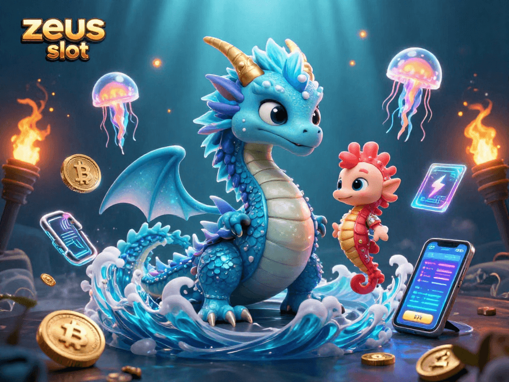 Engage with zeus slot in a vibrant underwater scene filled with animated characters and crypto elements.