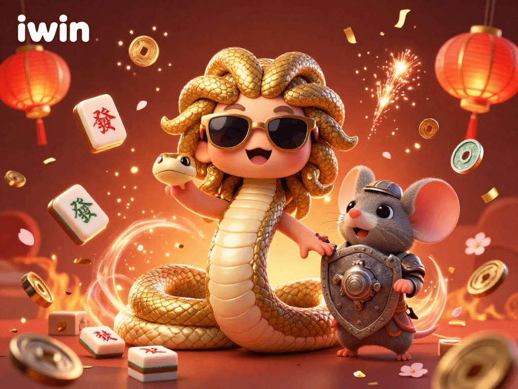Join the excitement at iwin with a lively illustration of Medusa and a warrior mouse amidst festive casino elements.