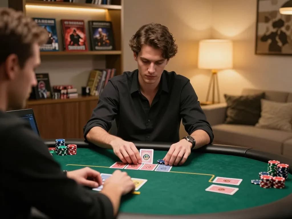 uu88 user playing online poker with focused strategy at home, highlighting engaging gambling experience.