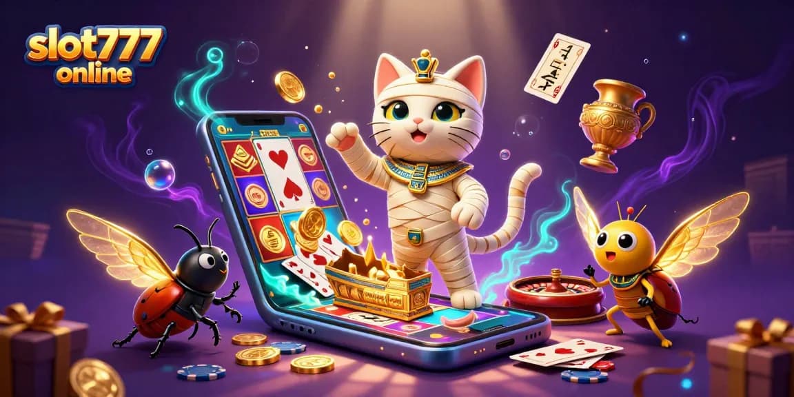 Experience winning thrills with slot777 online as Egyptian mummy cat and scarab beetle animate the casino