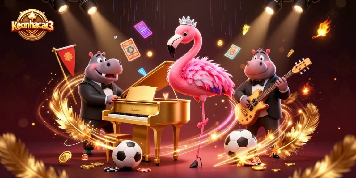Cheerful flamingo and hippo performing live at keonhacai3 sports betting event, surrounded by dynamic visuals.