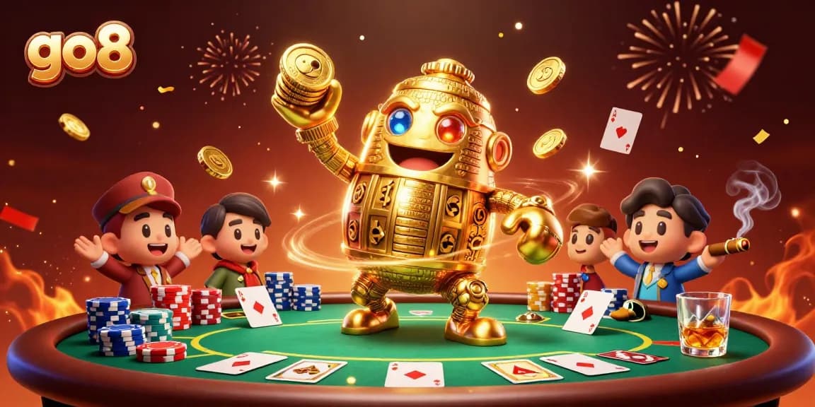 Engage with the thrilling go8 gaming experience featuring the vibrant casino scene filled with gold coins and poker elements.
