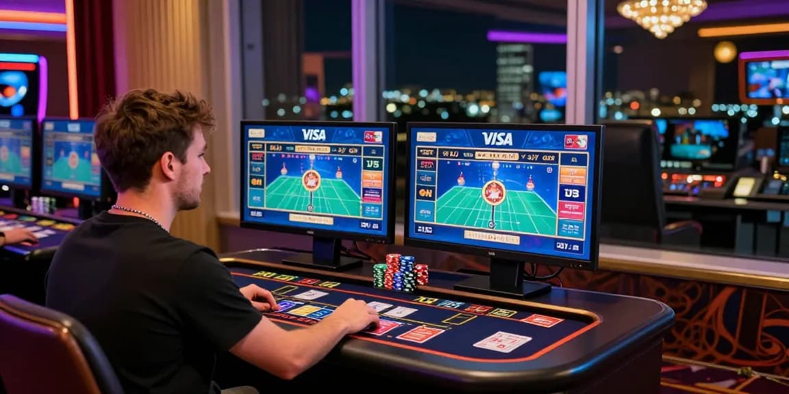 Exciting atmosphere of credit card casinos UK, showing player engaging with live dealer games and Visa, Mastercard logos.