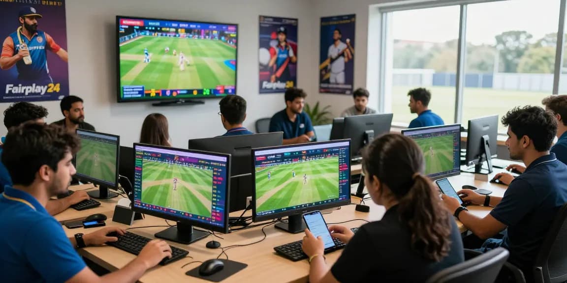 Fairplay24 online betting enthusiasts analyzing cricket stats and engaging in live betting.