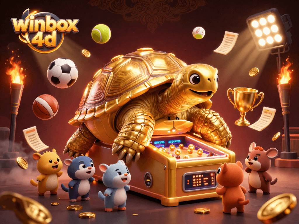 Engage in winbox 4d excitement with animated tortoise, sports balls, and vibrant casino elements.
