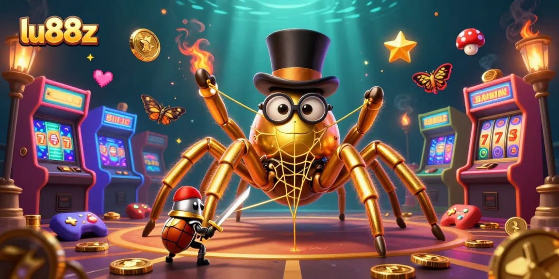 Experience excitement with lu88z featuring a golden tarantula and beetle knight in a vibrant casino scene.