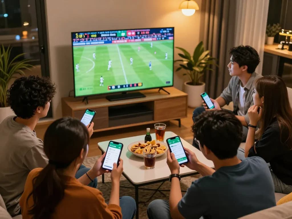Friends engaging in sports betting while watching live football, using the keo nha cai app for real-time odds.