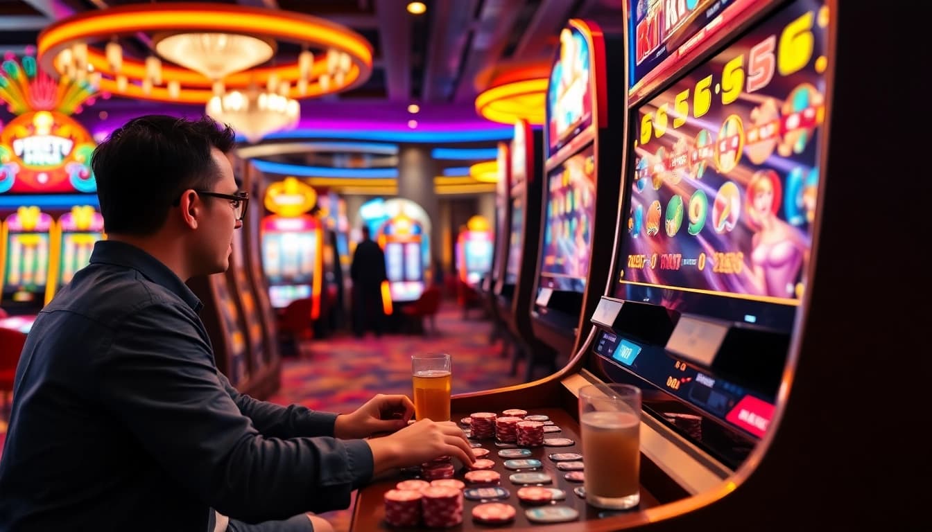Engaged player enjoying an RTP slot machine in a vibrant casino setting.