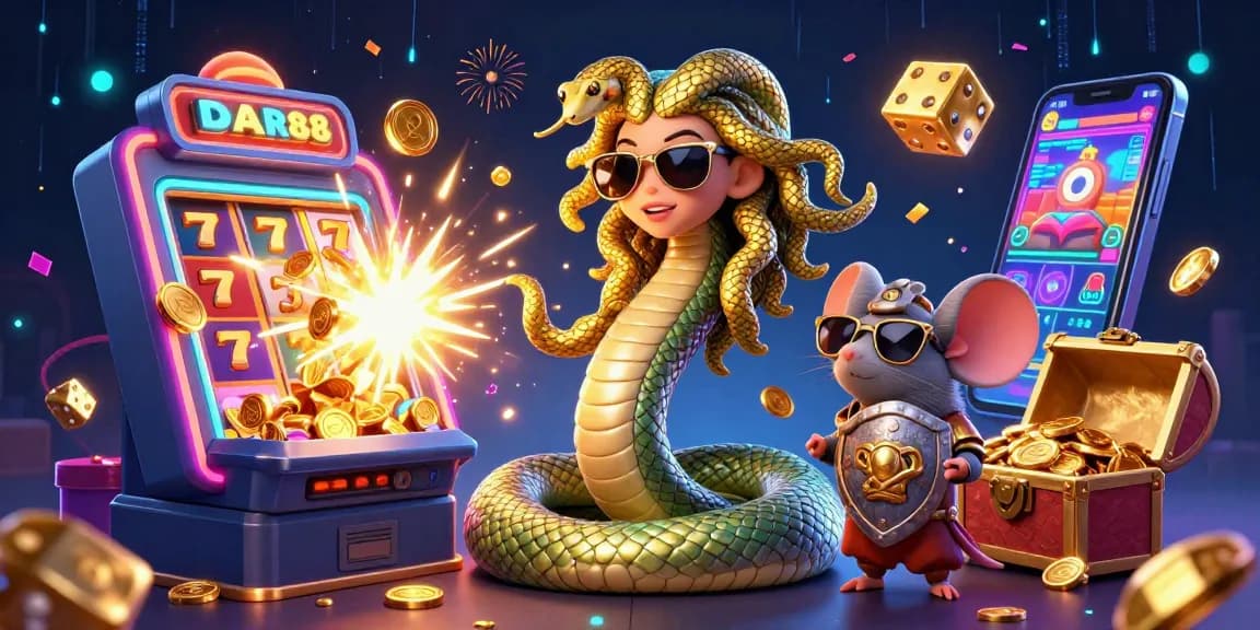 Engage with dash88 in a vibrant casino scene featuring Medusa and a warrior mouse, bursting slot machine effects.