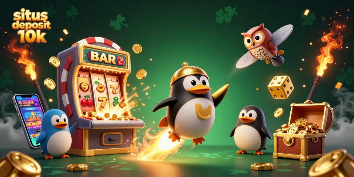 Spin the reels in situs deposit 10k with a vibrant casino scene featuring dynamic characters and jackpot elements.