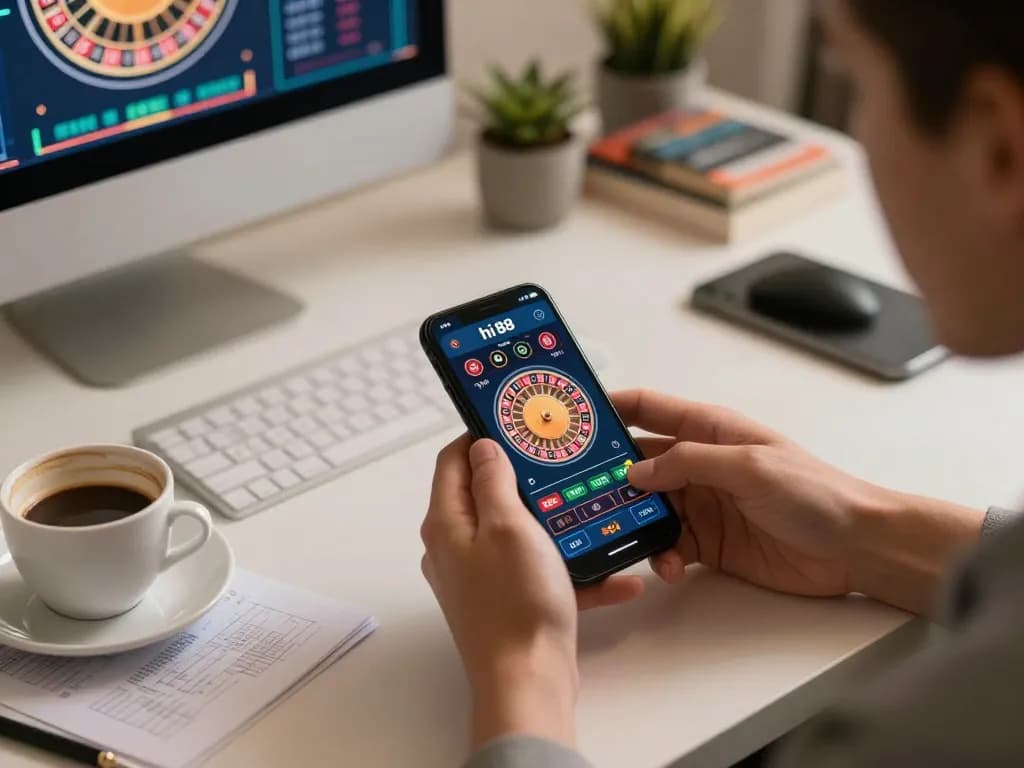Engaging hi 88 online casino gameplay on a smartphone, showcasing roulette options and home ambiance