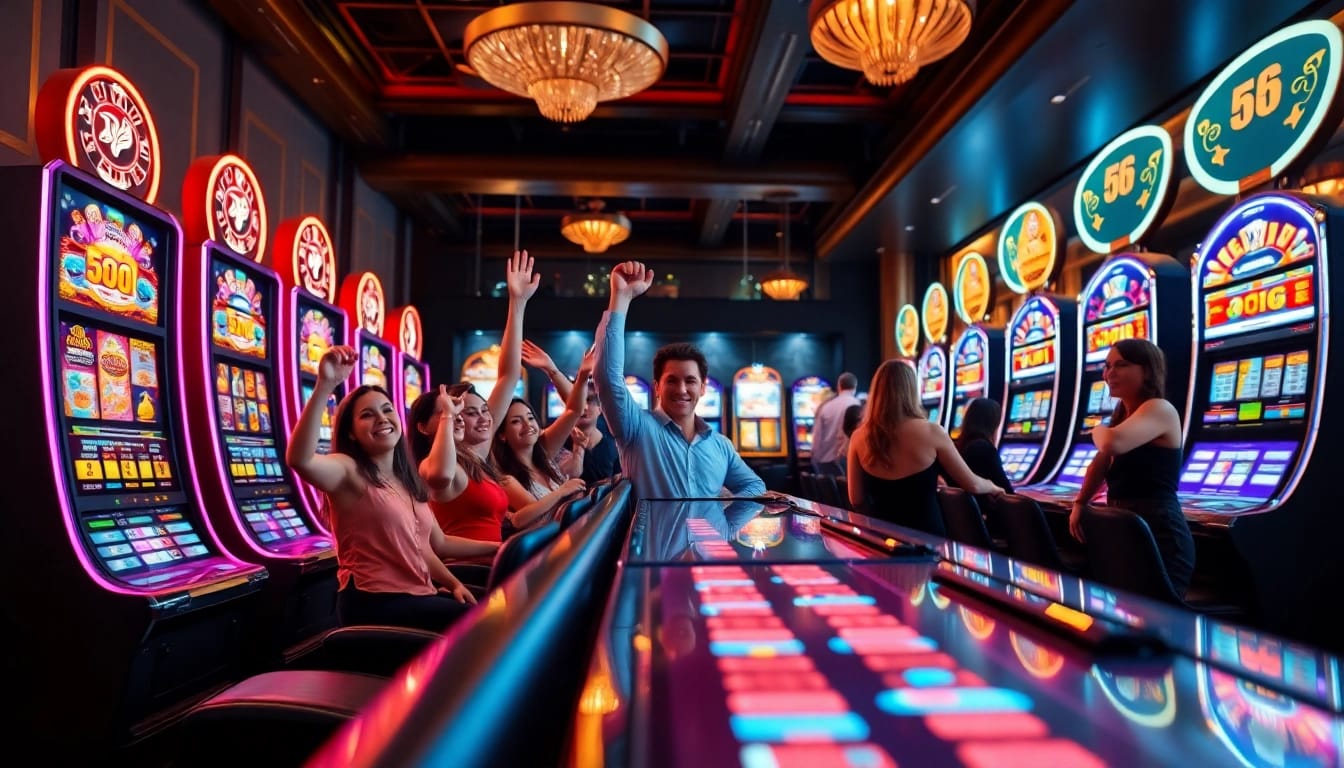 Erlebe casino spielen online in einem eleganten Glücksspielumfeld mit Spielern und Spielautomaten.