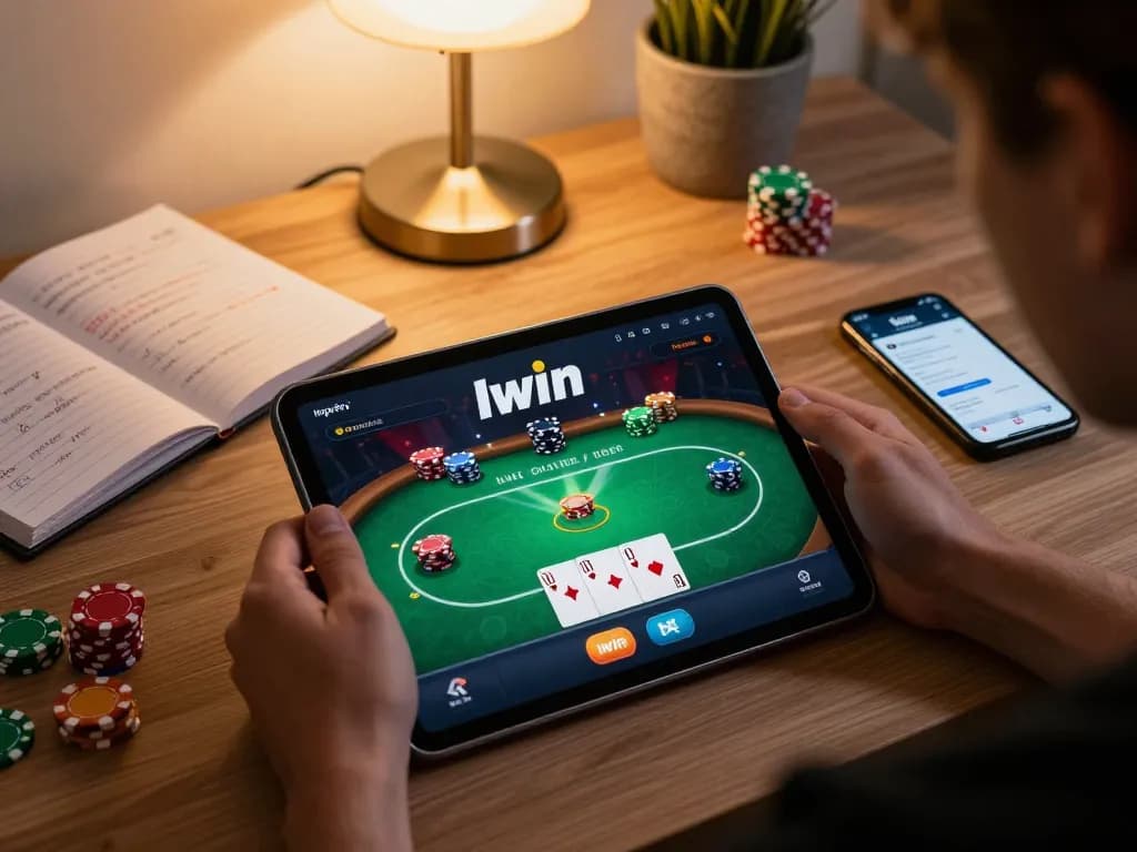 Iwin user enjoying online casino poker gameplay on tablet in a cozy home setup with strategic notes.
