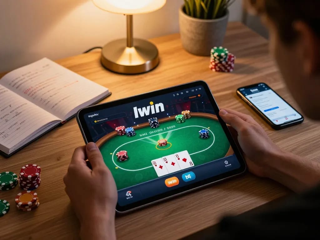 Iwin user enjoying online casino poker gameplay on tablet in a cozy home setup with strategic notes.