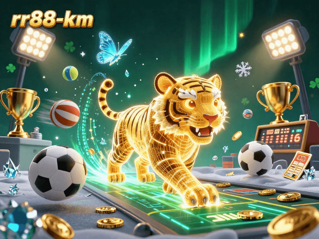 Experience thrilling action at rr88-km, as a golden tiger navigates a vibrant digital casino landscape with dynamic sports elements.