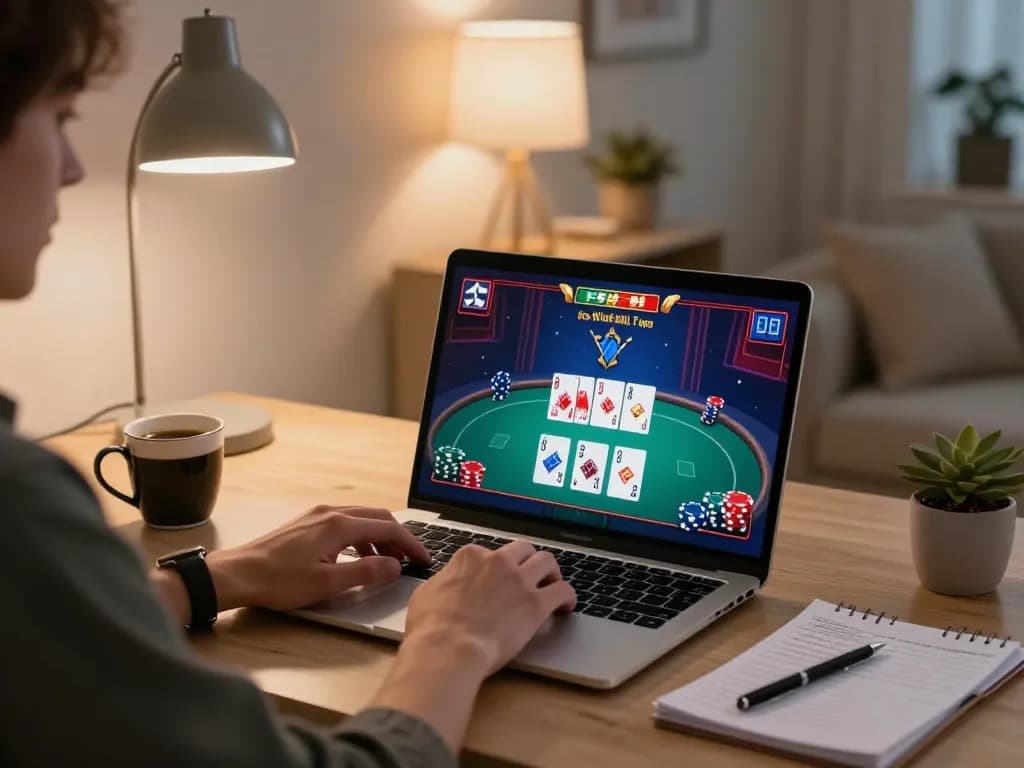 Player using Da88 for online poker, showcasing dynamic gameplay and strategic notes in a cozy home setting.