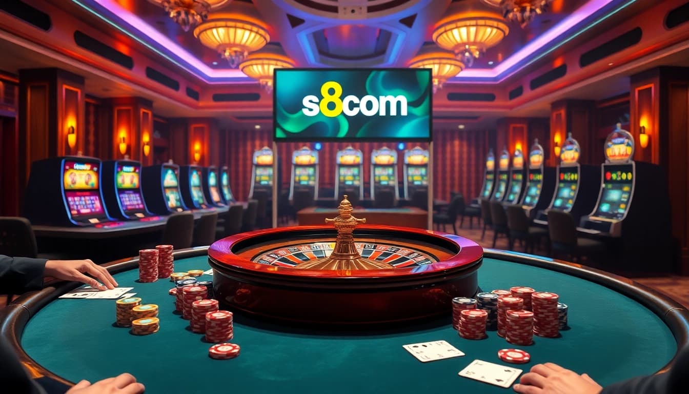 S8com gaming scene with poker table, roulette wheel, and vibrant slot machines.