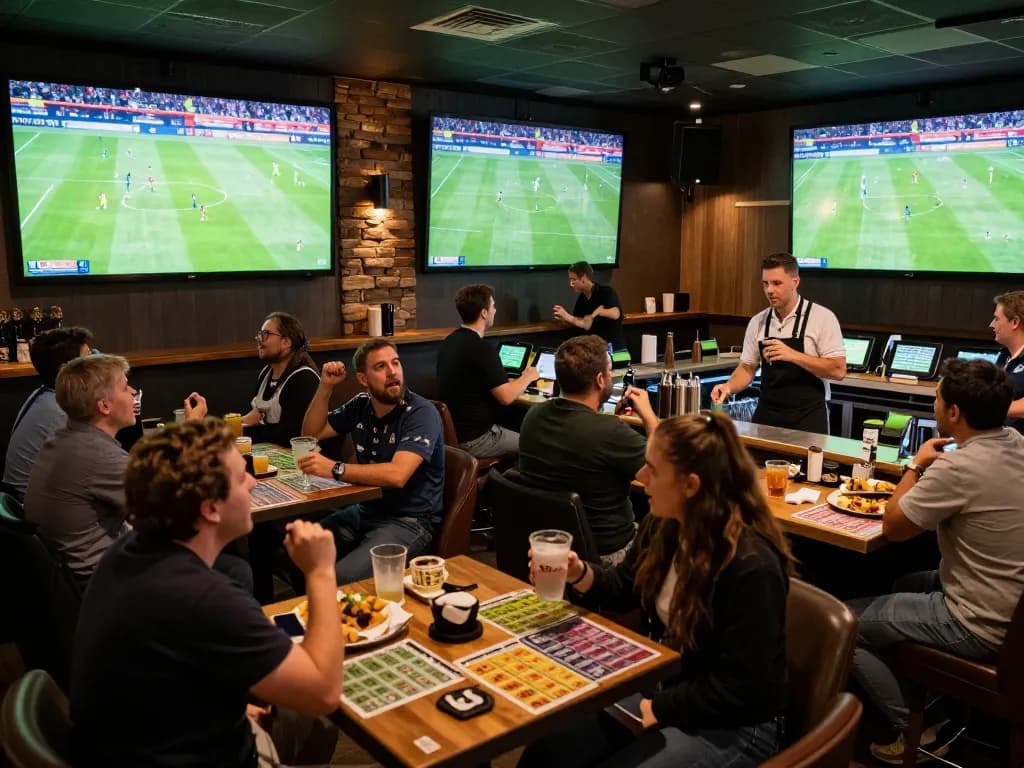 Soi kèo nhà cái with sports fans engaging in enthusiastic betting during a live soccer match.