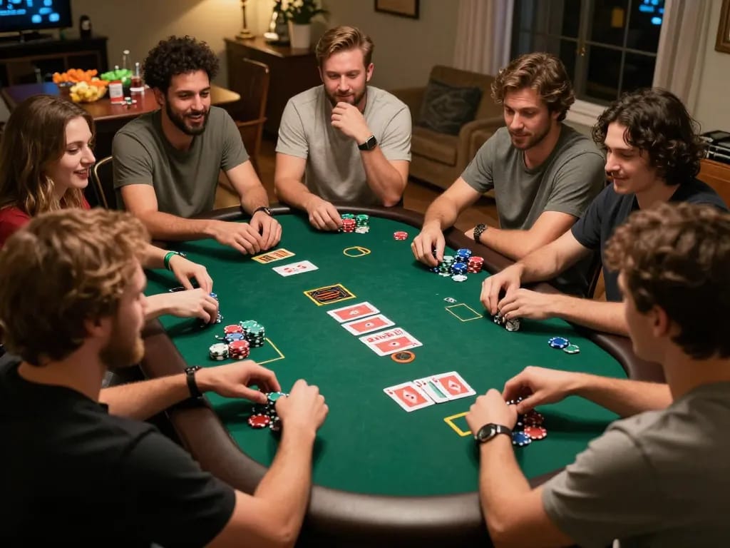 VIPWIN home poker night with friends playing Texas Hold'em, showing colorful chips and cards, lively atmosphere