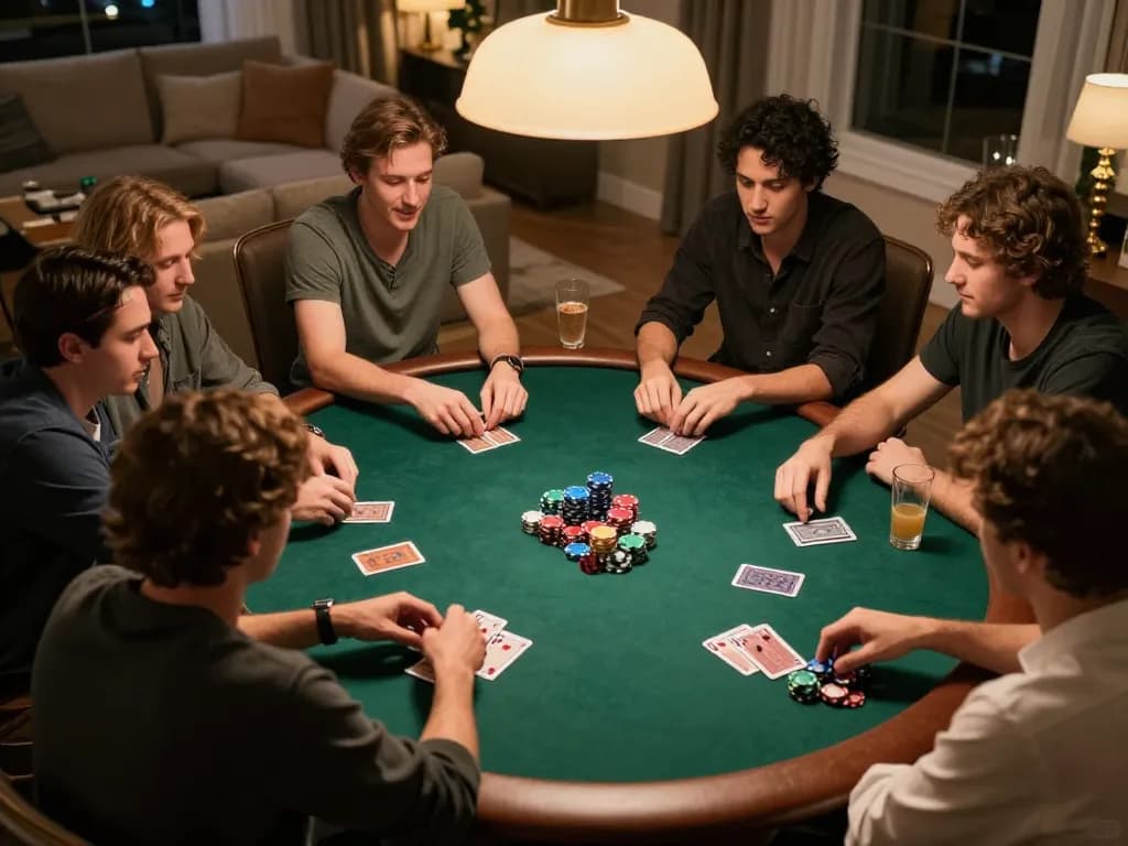 Friends enjoying a strategic poker game at home while playing bk8, with cards, chips, and drinks on the table