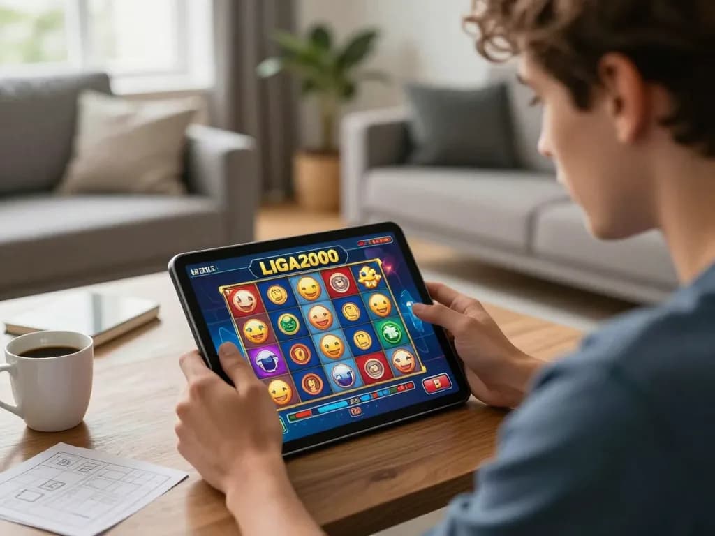 LIGA2000 gameplay on a tablet in a cozy living room setting, emphasizing responsible online gaming.